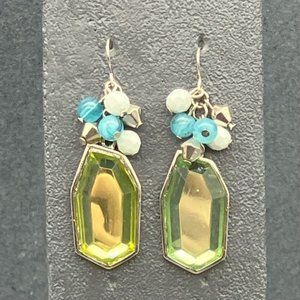 Dangle Pierced Earrings Geometric Faceted Green White Round Blue Silver Hook